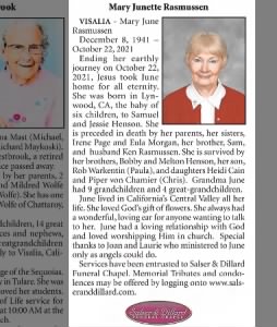 Obituary for Mary Junette Rasmussen